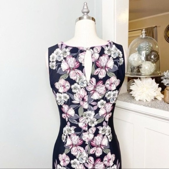 White House Black Market Floral Midi Sheath Dress Black Pink XS - Picture 7 of 11
